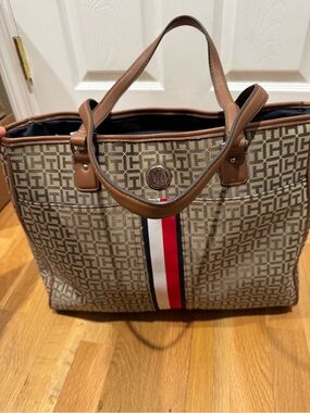 Tommy Hilfiger Beige Monogram Tote with Red, White & Navy Stripe